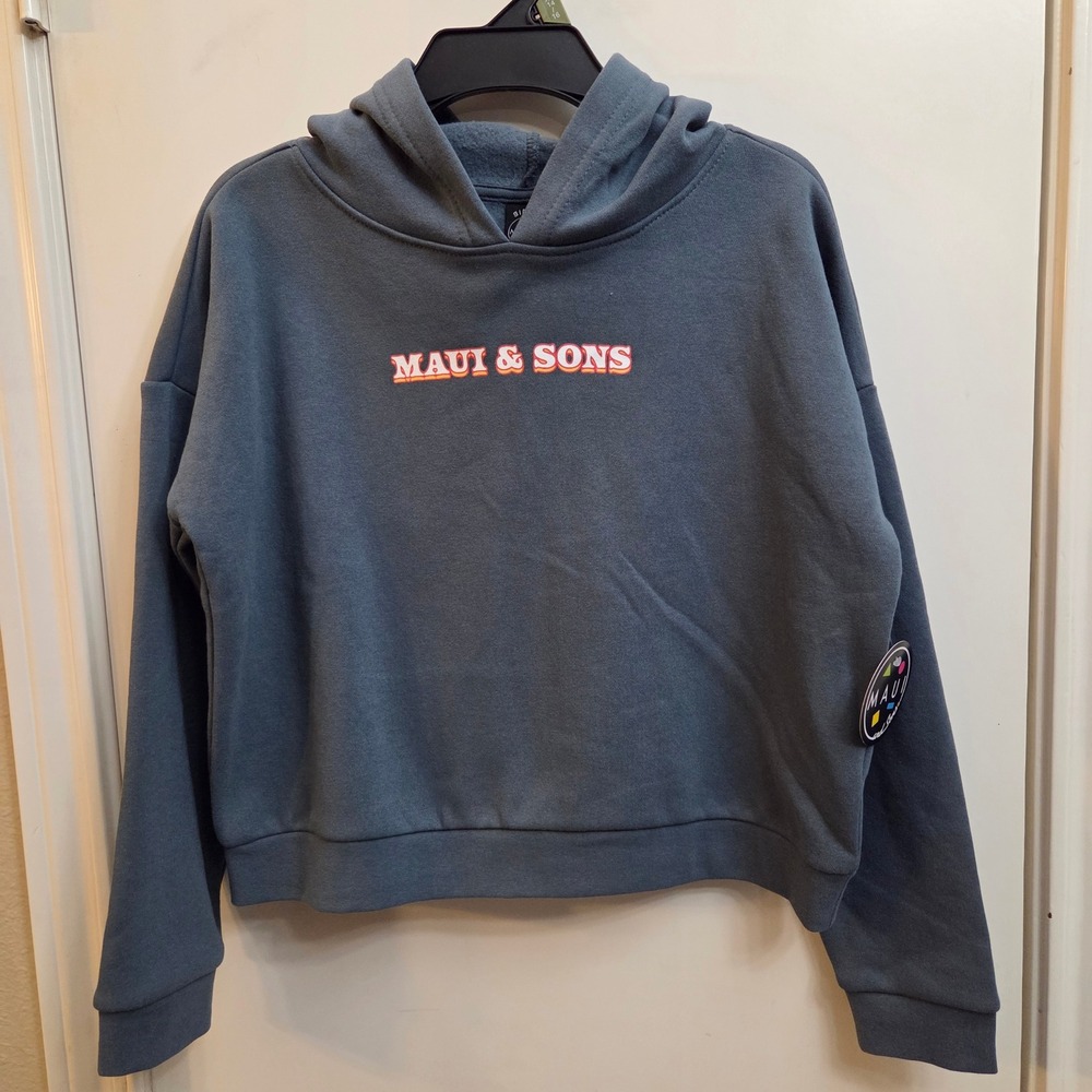Maui and Sons Girls XL 14/16 Cropped Hoodie Blue Gray Graphic Surf Sweatshirt NW